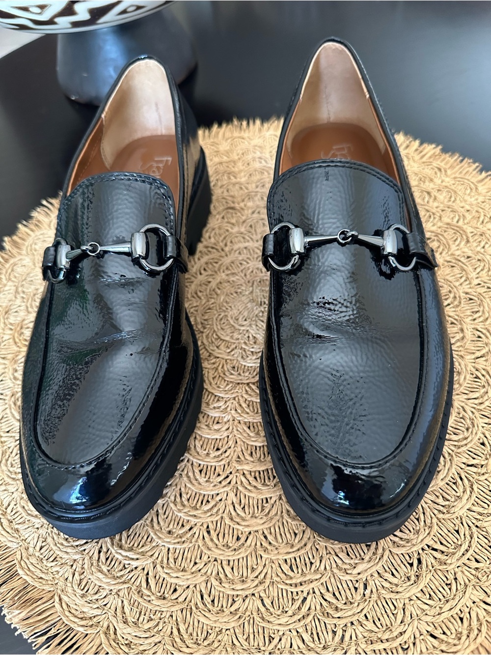 Like new, Franco Sarto Black Patent Leather Bit Loafers - size 7M